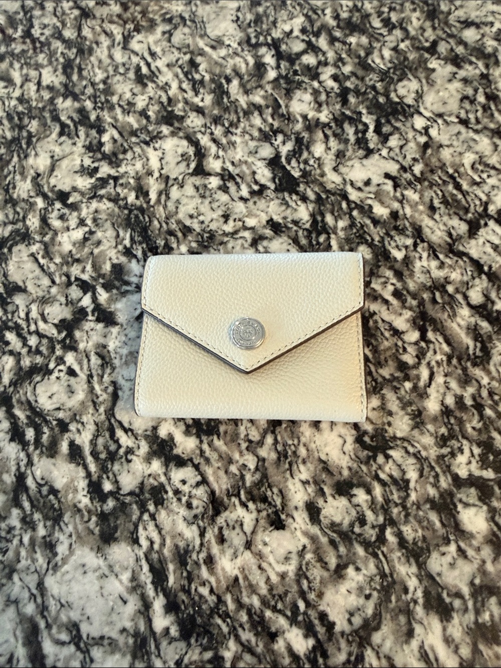 Tory Burch Pebbled Leather small Envelope Wallet in gray blue with silver hardW.